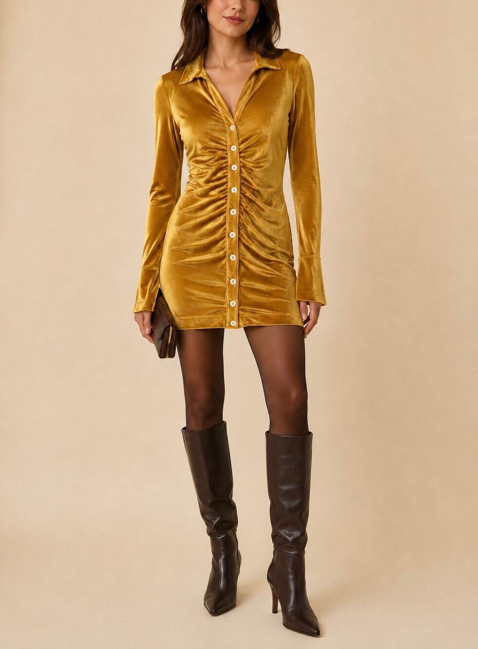 Free People Shayla Velvet Mini Dress S Mustard Gold Ruched Button Front